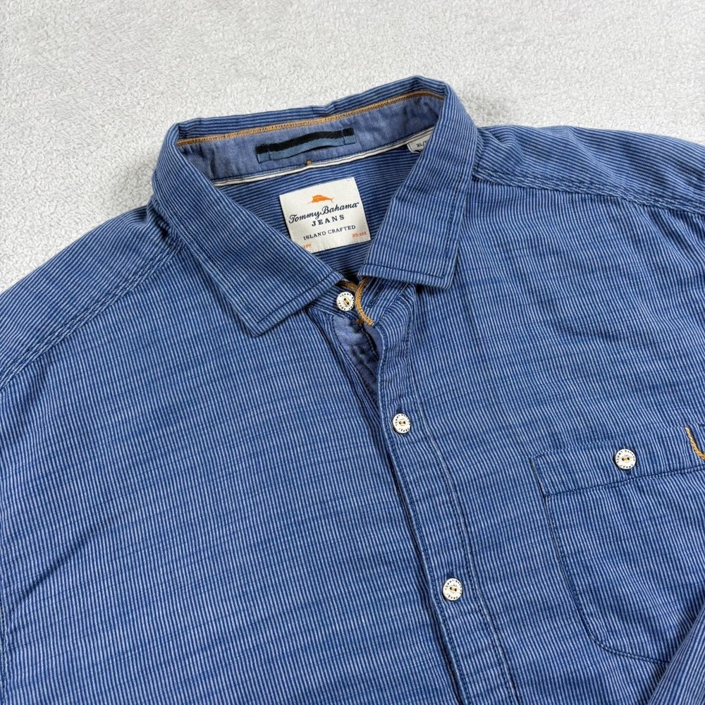 Tommy‎ Bahama Shirt Mens XL Blue Cotton Striped Casual Travel Office Button Up